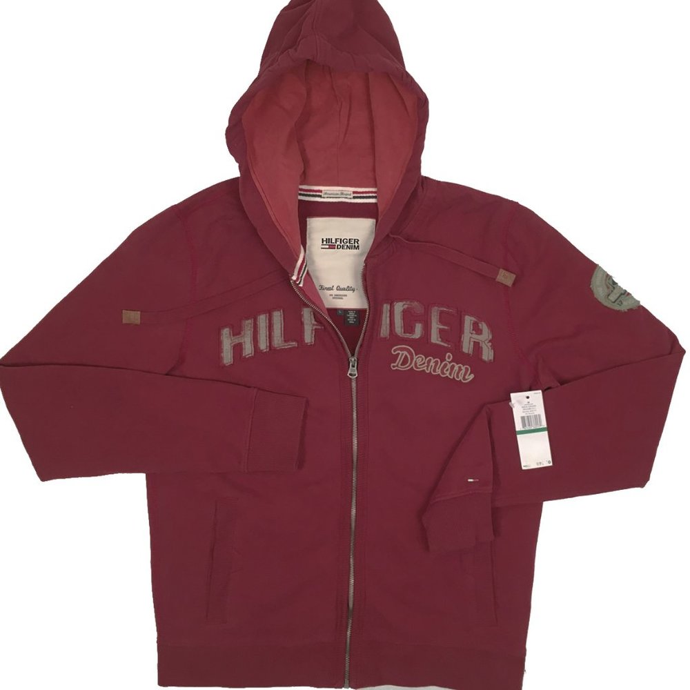 NEW Vintage Tommy Hilfiger Denim Hoodie Sweatshirt! SLIM Red Maroon Embroidery